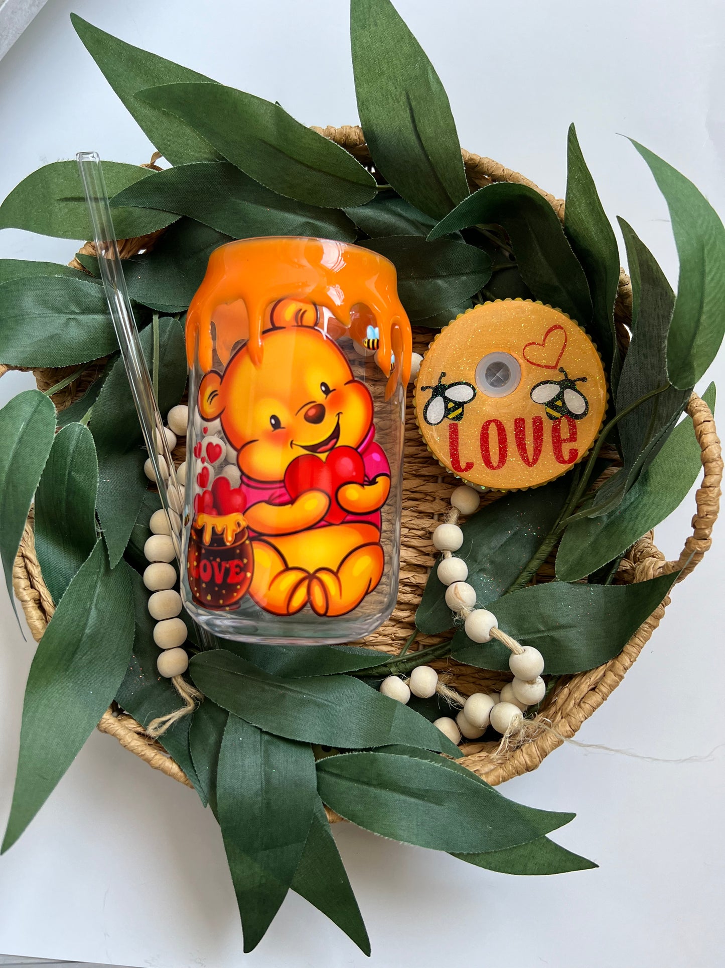 Pooh Drip Glass Can w/Decal Lid